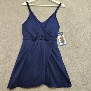 Lands End Navy Blue V Neck Ruched‎ Swim Dress Tankini Skirted L